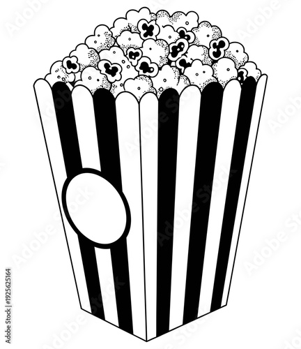 Illustration of a cartoon popcorn bucket filled to the top with popcorn against a plain white background