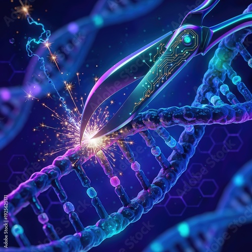Conceptual DNA gene editing with glowing molecular scissors on blue background