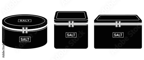 Black kitchen salt containers with silver trim and labels displayed in a row on a white background