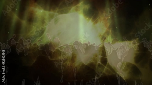 Central beam pulsing triggers crowd raising arms and swaying, celebrating performance