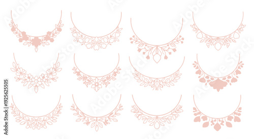 A collection of nine delicate gold and pink necklaces displayed in a sketched style on transparent background silhouette