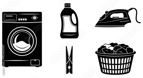 Laundry day essentials including washing machine, detergent, iron, clothespins, and a basket of clothes for cleaning and organization