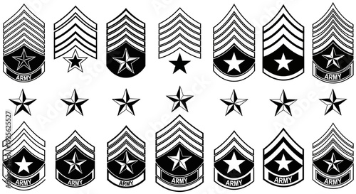 Collection of US army sergeant chevrons and insignia rank badges for various ranks in the military forces displayed together on a plain white background for identification purposes