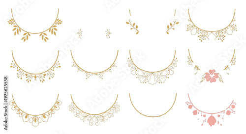 A collection of ornate necklace designs featuring floral and gemstone elements presented as a silhouette on transparent background