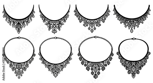 An assortment of ornate necklace designs including both pendants and full collars on transparent background silhouette high quality professional
