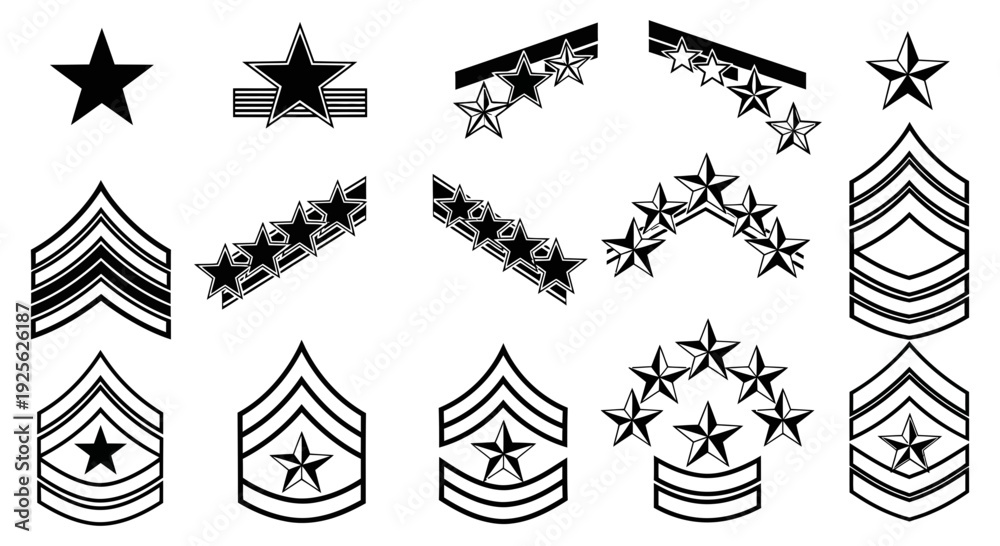 Fototapeta premium Collection of various military insignia and rank badges for different branches and ranks in black and white illustration style