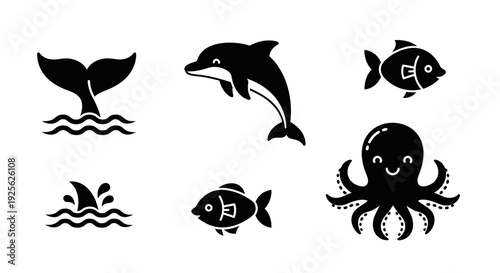 Simple Black Sea Creatures Silhouette Set.