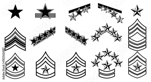 Collection of various military insignia and rank badges for different branches and ranks in black and white illustration style