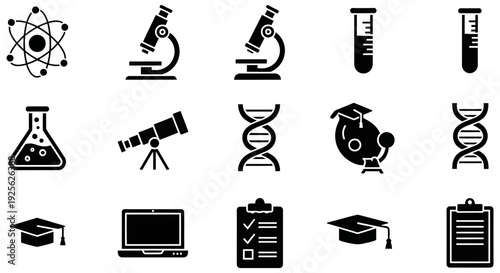 Collection of black icons representing science and education elements like atom molecule microscope and graduation cap on a clean white background