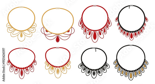 A collection of eight colorful necklace designs displayed with a clean modern aesthetic on transparent background silhouette high quality