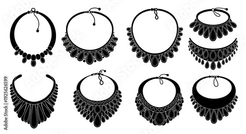 A collection of eight black necklace designs in various styles perfect for design projects on transparent background silhouette