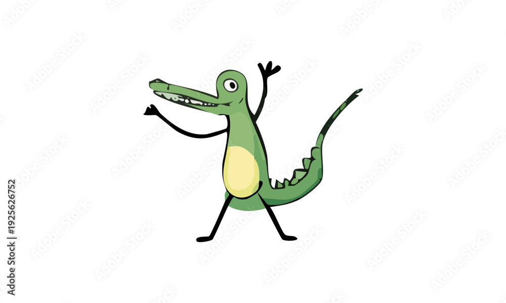 Obraz premium Happy Cartoon Alligator Waving Hand Cheerfully, isolated white background