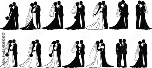 Wedding couples silhouettes, bride and groom poses, romantic embrace, kissing figures, bouquet, tuxedo, gown, love, marriage, celebration illustration