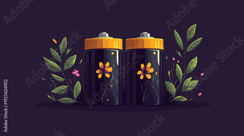 Eco-friendly Batteries with Blossoming Flowers and Green Leaves on Dark Background