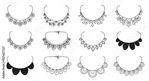 A collection of delicate necklace sketches featuring various designs and embellishments on transparent background silhouette high quality professional detailed