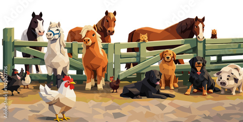 Adorable pets in a group.A group of cartoon design graphics unique banner.Modern polygonal art of a diverse group of farm animals gathered near a wooden fence