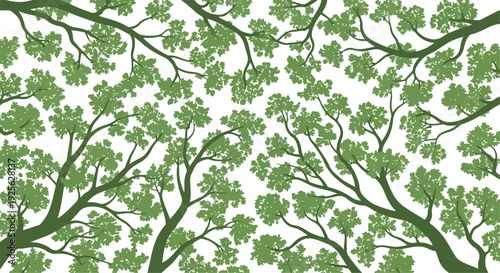 Illustration of lush green tree branches with leaves on a white background.