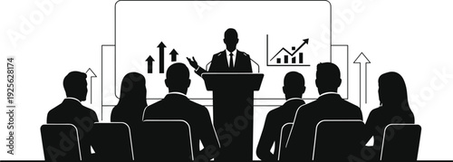 Business presentation seminar silhouette illustration showing corporate leader speaking to audience during financial growth strategy conference meeting professional environment