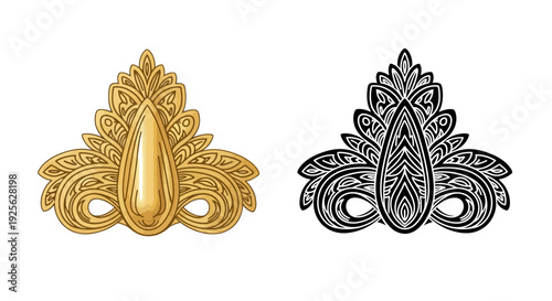 An ornate golden and black fleur de lis design pair with intricate details on transparent background silhouette high quality professional detailed