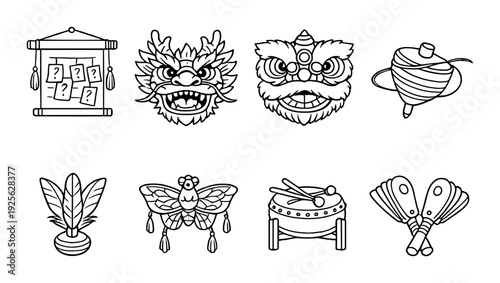 Festival masks and traditional chinese instruments on dark background