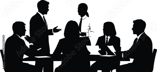 Business team meeting discussion silhouette illustration showing corporate professionals collaborating during office conference presentation 