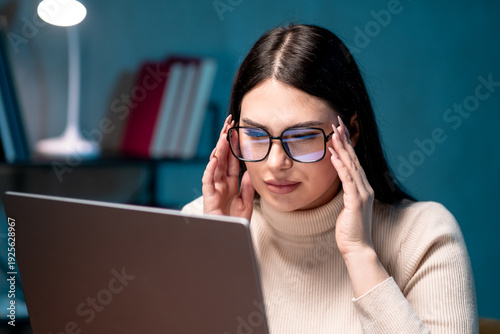 Burnout female professional overwhelmed by long screen hours. Workplace fatigue concept

