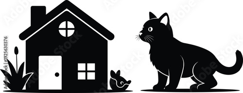 Cat near house silhouette illustration showing domestic pet outdoor home environment companion animal lifestyle residential living concept design
