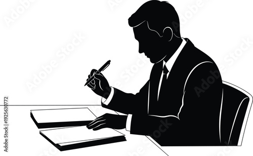 Businessman writing document silhouette illustration showing professional executive signing paperwork contract agreement office administration corporate management concept