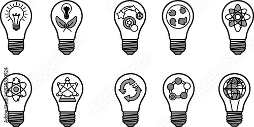 Creative Light Bulb Illustration Set with Science, Ecology, Technology, and Innovation Concepts for Education, Startup Branding, and Hand Drawn Vector Design