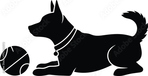 Dog playing with ball silhouette illustration showing playful pet activity exercise training fun domestic animal lifestyle concept