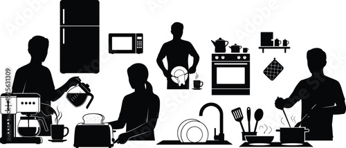 Family cooking in kitchen silhouette illustration showing home meal preparation domestic lifestyle food preparation modern household activity concept