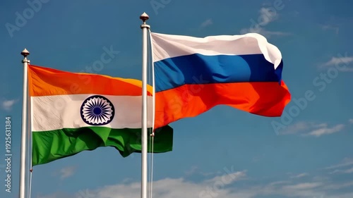 Flags of India and Russia Waving Against Blue Sky