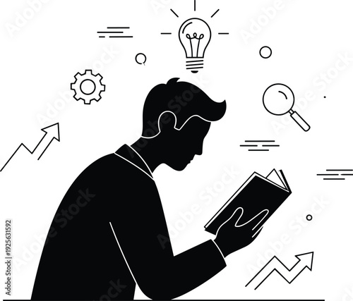 Man reading book silhouette illustration showing knowledge learning research education innovation creative thinking idea development concept