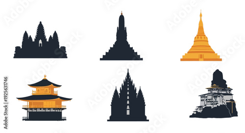 Collection of Various Temple Silhouettes and Outlines.
