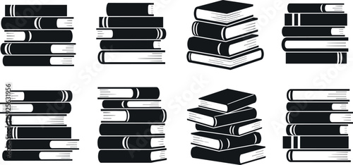 Stacked Books Icon Set with Minimal Black and White Library Illustrations for Education Projects, Publishing Concepts, Reading Themes, and Clean Vector Design Use