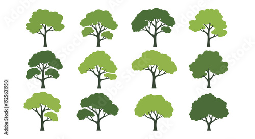 Flat lay of various green tree silhouettes arranged in rows on a white background.