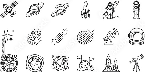 Space Exploration Line Icon Set with Rockets, Astronauts, Planets, Satellites, and Scientific Discovery Symbols for Education, Technology, and Vector Design Projects