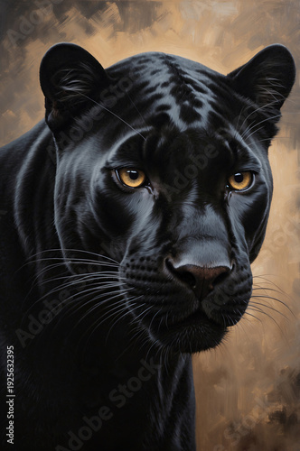 Refined mixed media oil painting of a black panther portrait featuring rich texture and dramatic lighting