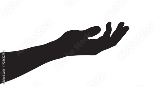 Hand silhouette reaching out with open palm gesture isolated on white background, giving help, support, offering, asking, or holding something concept concept