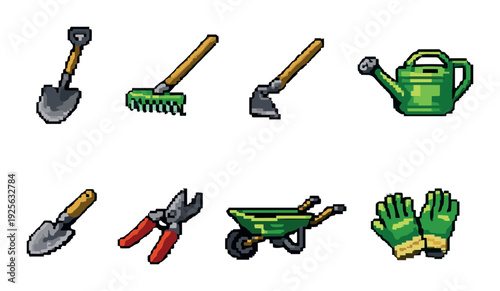 Gardening tools arranged for planting on neutral backdrop