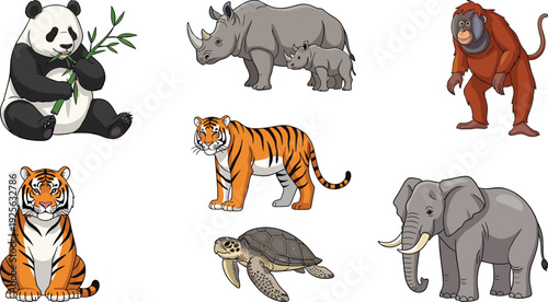 Wild Safari Animals Collection Including Panda Tiger Elephant Rhino Orangutan and Turtle Vector Illustration Set
