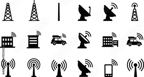 Wireless Communication and Broadcasting Icon Set with Antennas, Satellites, Signal Towers, Mobile Networks, and Technology Symbols for Telecom Vector Design