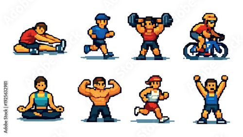 Fitness characters performing exercises on neutral background