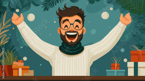 Happy Bearded Man Celebrating Joyfully with Raised Arms in a Festive Winter Holiday Scene with Gifts