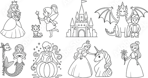 princess, fairy, castle, dragon, unicorn, mermaid, fantasy, crown, magic, cartoon, outline, coloring, page, vector, illustration, fairy tale, fantasy characters, princess crown