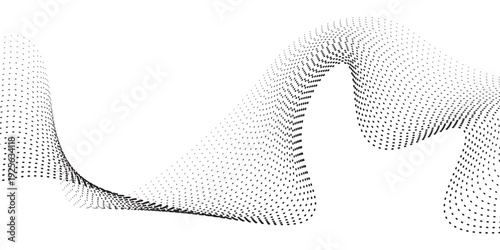 Minimal dots particles wave pattern 3D curve halftone black gradient curve shape isolated on white background.