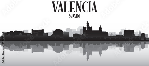Black and white panoramic poster of the city skyline with misty background buildings and water reflection of VALENCIA, SPAIN
