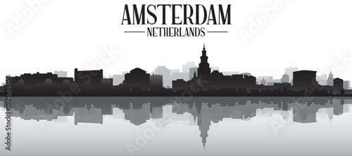 Black and white panoramic poster of the city skyline with misty background buildings and water reflection of AMSTERDAM, NETHERLANDS