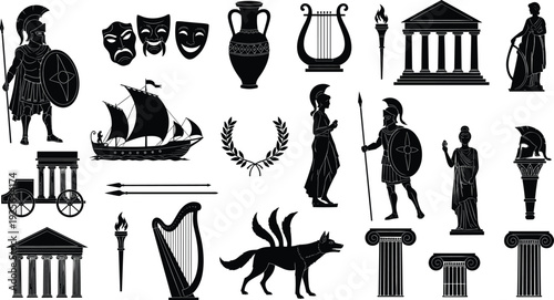 Ancient, greece, greek, silhouette, mythology, warrior, helmet, temple, column, statue, vase, lyre, ship, laurel, culture, black, vector, illustration, set, collection