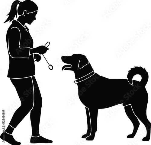 Woman training dog with command stick silhouette illustration showing pet obedience practice animal behavior control companion care concept
